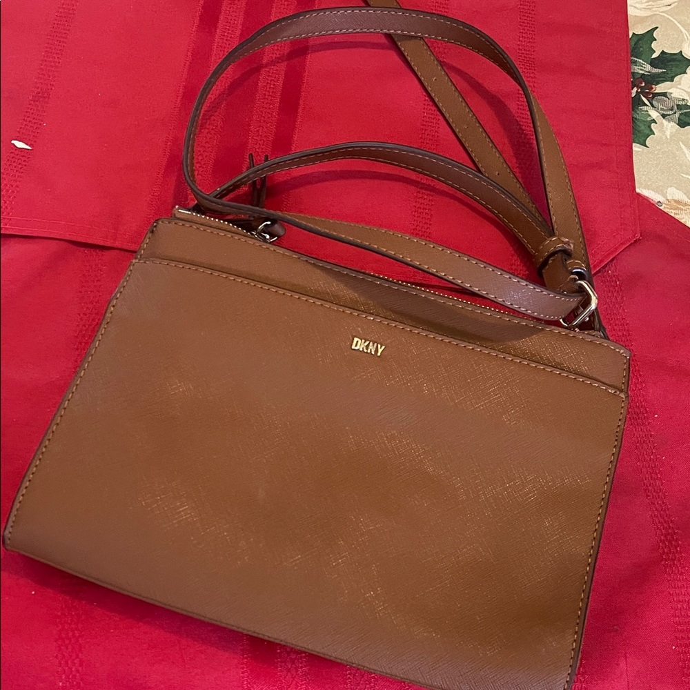 DKNY Brown Saffiano Crossbody with Gold Logo